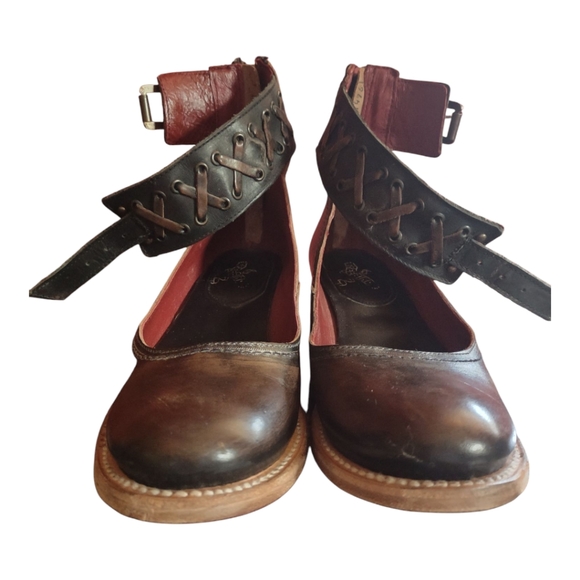 Freebird Dark Brown Leather Ankle Strap Flats - Picture 3 of 9